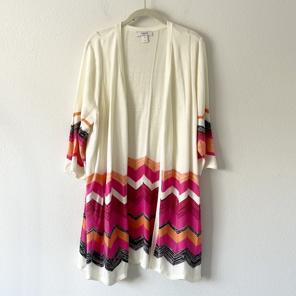 Women Color Block Zigzag Pattern Long Sleeve Pointelle Knitted Cardigan Size 1X